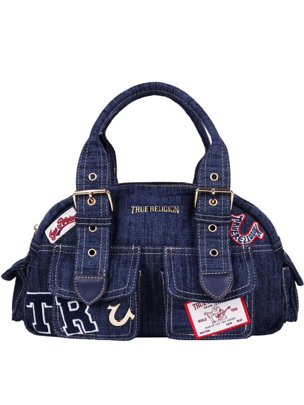 True Religion Dark Blue Denim Patchwork Shoulder Bag